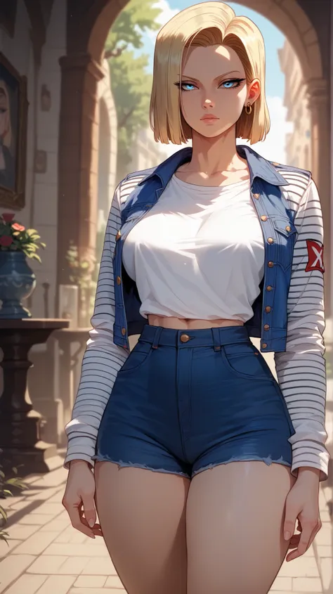 Android 18 style,  perfect eyes,  perfectly sexy face, ultra detailed,  ultra perfect eyes ,  big beautiful woman , standing, dark blue shorts, Body,  looking at the spectator ,