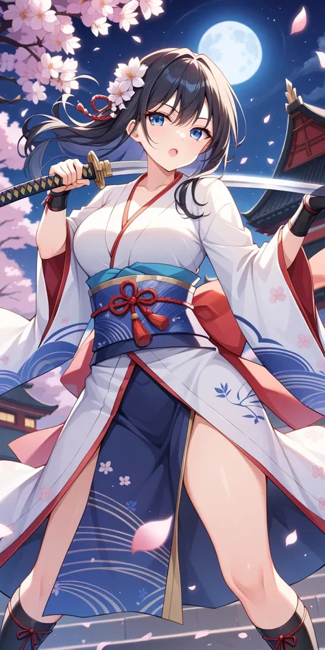 1 lady,sharp mature face, oiran hair style, night sky, moon, focus on kanata,a samurai stands on roof, holding a sword, dazzling light,fighting_stance,light from the sword, katana,gorgeous printed kimono, flower printed kimono,  japanese tradional castle, ...