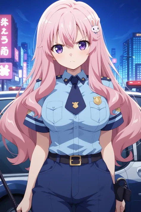 masterpiece,best quality,{{detailed beautiful face and eyes}}, very detailed background,
Mizuki Himeji,{{{megami magazine}}},long hair,pink hair,hair ornament,rabbit hair ornament,hair between eyes,purple eyes,large breasts,
blue police officer,dark blue m...