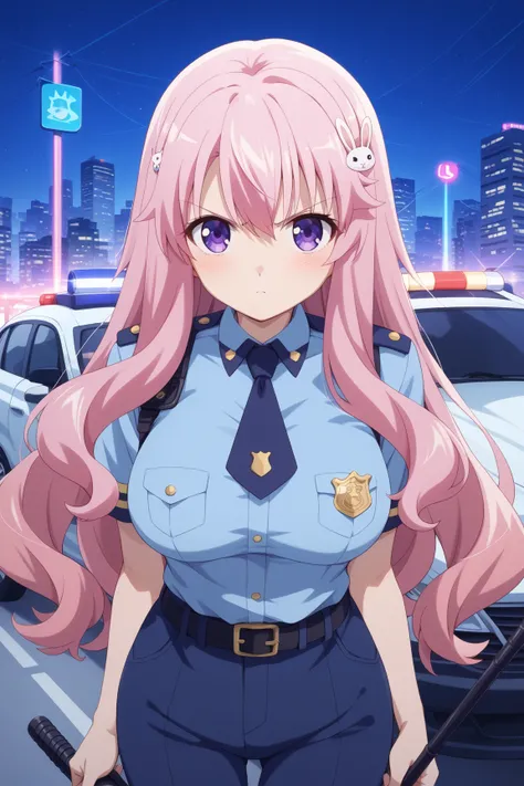 masterpiece,best quality,{{detailed beautiful face and eyes}}, very detailed background,
Mizuki Himeji,{{{megami magazine}}},long hair,pink hair,hair ornament,rabbit hair ornament,hair between eyes,purple eyes,large breasts,
blue police officer,dark blue m...