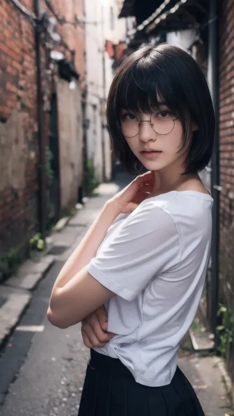  A woman with her hands tied to her back escapes a dark back alley at night,front, run,  black hair, bangs,  T-shirt,  tight skirt, white panties,   photorealistic, masterpiece,   super high resolution, masterpiece,  best quality,    beautiful face, detail...