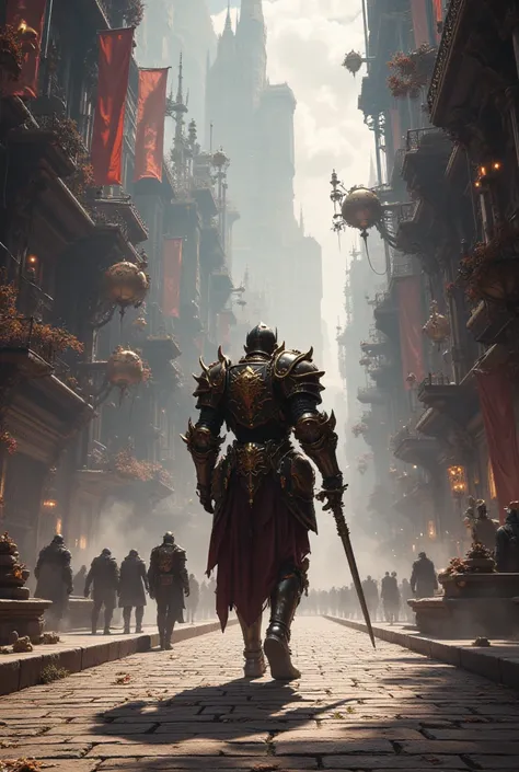 (Sideways waist shot of a knight walking through a huge metropolis in fantasy steampunk, flashy, cool, gorgeous, magical steampunk)( big city lots of metal 、brass、gear、 Steam engine  ,  A refreshing morning