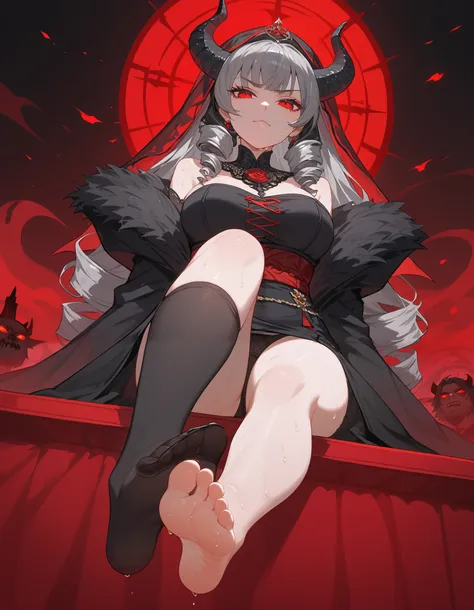 alone,girl, in red eyes ,The devil,scary, black hair,deity, Long Sleeve Elegant Black Dress, black-horned,I tied my hair, villains, Medium Chest,Thin,, cute,smilingly, he's a spiral. Drill ,Multi-colored hair, black hairเยอะ, slightly gray hair,Long hair,,...