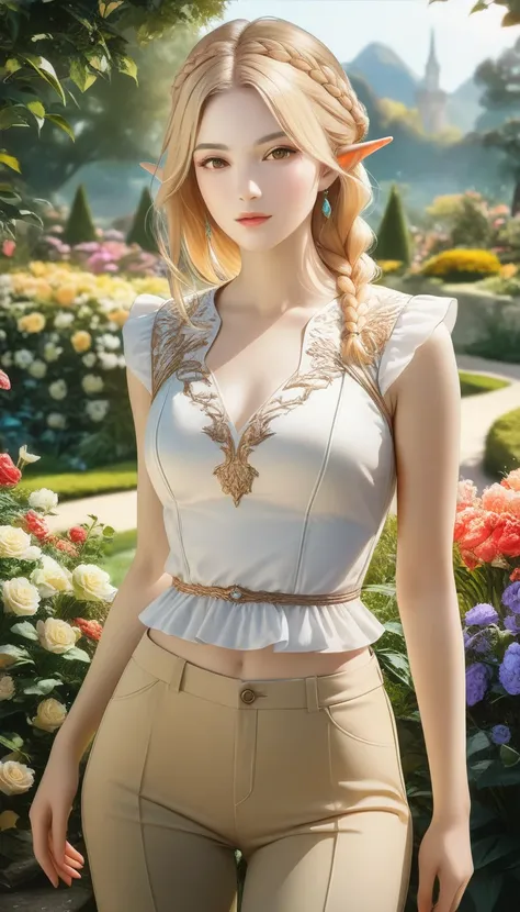 (masterpiece,best quality, 16K portrait, UHD, extremely detailed the work, detailed beautiful face and skin and hair) BREAK (ultra realistic photo graphic style, garden background) BREAK (1 elf_girl,slender body,thin thighs,blouse,pants,fantasy clothing,(f...