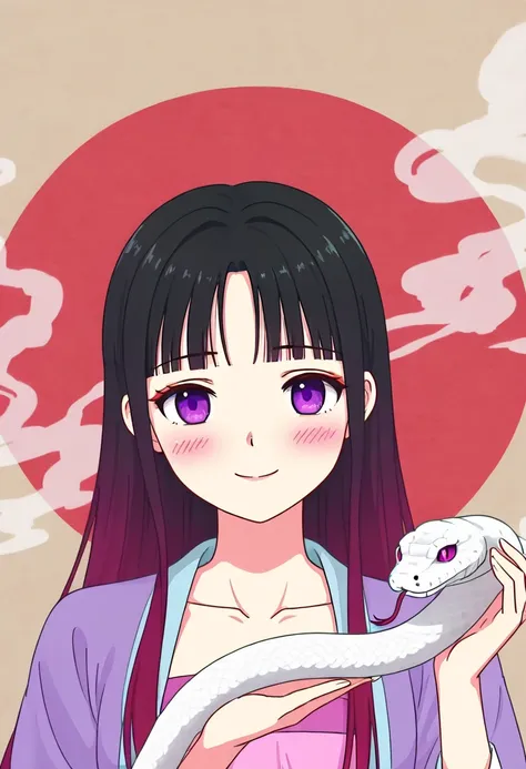 snakegirl, 1girl, solo, looking at viewer, blush, smile, long hair, bangs, hanfu, holding snake, purple eyes, collarbone, upper body,multicolored hair, hands up, gradient hair, smoke, 