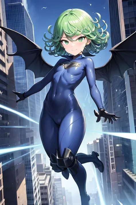 Masterpiece, best quality, ultra detailed, illustration, lighting epic, cinematic composition, 1 girl, Tatsumaki, short hair, green hair, very small breasts, green eyes, bright eyes, smiling, blushing, closed mouth, piercing gaze, full body, tall, thin, bl...