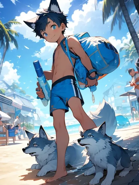 Shota，Blue-colored hair，Wolf ears，toddlers，Blue eyes， Q version， adolable， standing on your feet， Master masterpieces， A high resolution，8K，detailedbackground，high high quality，Libido boy，solo，swimming trunks，sandbeach，Happy expression，water gun, cute bulg...