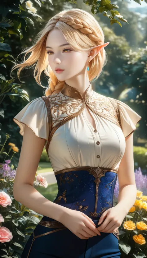 (masterpiece,best quality, 16K portrait, UHD, extremely detailed the work, detailed beautiful face and skin and hair) BREAK (ultra realistic photo graphic style, garden background) BREAK (1 elf_girl,slender body,thin thighs,blouse,pants,fantasy clothing,(f...