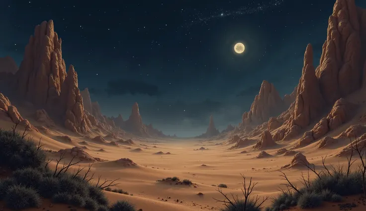 realistic picture of brown magic desert from a fairy tail, night time, gloomy, few crags, brown sand, brown sand-dunes, few thorn bushes, dark sky, stars