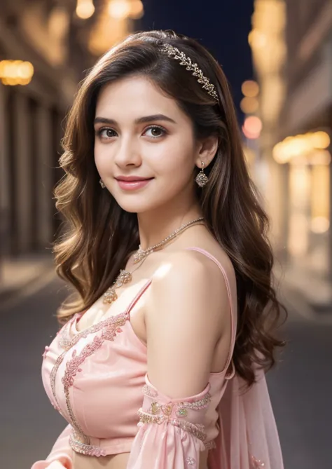 (((desi indian young d girl))), s girl, cute and pretty face, natural skin, wearing hot deep neck pink top and dupatta, charming black hair, ((hair ends are blonde)), city streets background,(wearing simple jewellery), super Round Young Breast, Pretty cute...