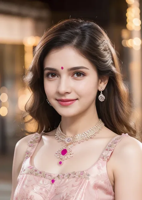 (((desi indian young d girl))), s girl, cute and pretty face, natural skin, wearing hot deep neck pink top and dupatta, charming black hair, ((hair ends are blonde)), city streets background,(wearing simple jewellery), super Round Young Breast, Pretty cute...