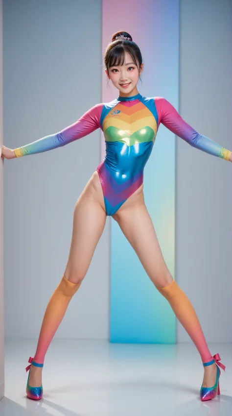 A very cute Asian female very skinny and slim Rhythmic gymnastic athlete, chignon, metallic rainbow gradient coloured long sleeve leotard, expensivequality illuStration, maSterpiece, beautiful face like Korean idol, wearing half shoes for Rhythmic gymnasti...