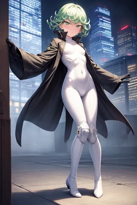 Masterpiece, best quality, ultra detailed, illustration, lighting epic, cinematic composition, 1 girl, Tatsumaki, short hair, green hair, small breasts, green eyes, bright eyes, blushing, closed mouth, full body, tall, long beige trench coat, open trench c...