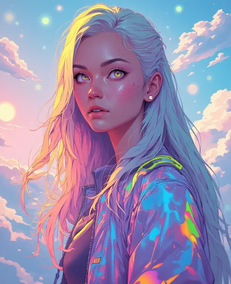 A mesmerizing portrait of a young woman with long, flowing rainbow-colored hair that cascades down her back in vibrant waves. Each strand reflects a spectrum of colors, from soft pastels to vivid neon hues, blending seamlessly. Her bright emerald-green eye...