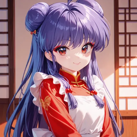 masterpiece, top quality , perfect face, Highest Resolution, 8k, 1 Girl, young, shampoo (Ranma 1/2), young, red eyes, long hair, purple hair, Detailed depiction of bun knot hair , Red eyeshadow, apron dress, Chinese cuisine, Eat, I love you, A face ...