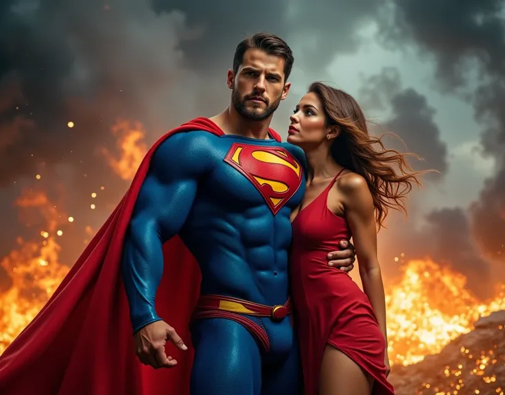 portrait-style photograph featuring a sexy couple. The man in the foreground is ericjanicki, he stands wearing a blue superhero costume with a prominent red and yellow 'S' logo on the chest, resembling a well-known comic book character. The woman is behind...