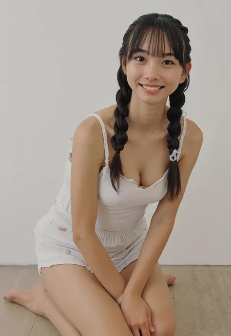 (4K, masterpiece,   high quality,  Details), ((I only wear a white camisole with no shoulder straps and white panties with a small area,  slender,  sexy collarbone,  can see her cleavage,  flat chest,  is short,  Clothes Are Wet , Position of putting on yo...