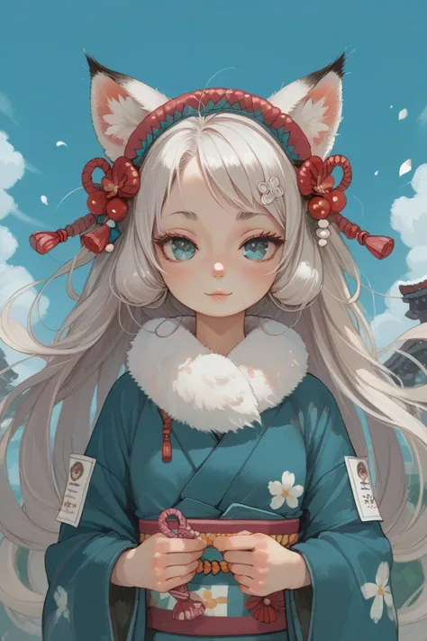 1 girl, cute,Animal Ear Girl, icon, foxtail , white hair,Long hair,Kimono set,art,Stripes