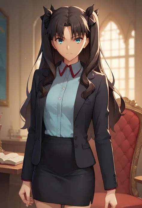 (best quality:1.3), (masterpiece:1.3), anime, rin tohsaka, 1girl, suit, black skirt, pencil skirt, black blazer, light blue shirt, collared shirt, black hair, blue green eyes, looking at viewer, age 15, conference