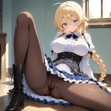 (masterpiece,best quality,ultra detailed),(perfect face, detailed face),score_9,score_8_up,score_7_up,source_anime,ES,large breasts,blue eyes,blonde hair,hair between eyes,ahoge,single braid,long hair,pantyhose,long sleeves,frills,underbust,dress,boots,cam...