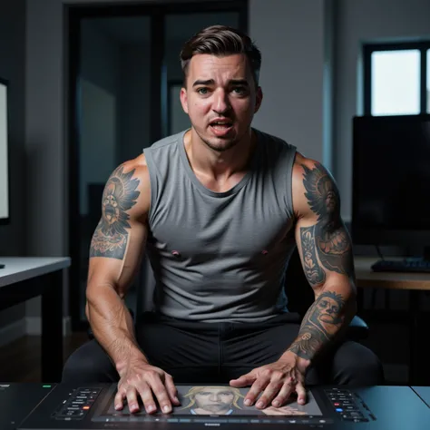  who A strong man seated in a modern room ,  working on a digitizer table .  He has detailed tattoos on his left arm and right hand .  The environment is mainly illuminated by artificial light emitted from a monitor screen,  creating a soft and realistic c...