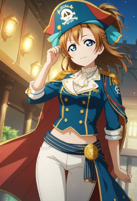 (Masterpiece, Best Quality, High Quality),bright and cheerful lighting, anime style, love live,kousaka honoka , blue eyes, brown hair, blue pirate outfit,gold trims, epaulets, white pants, tricorn hat, regal, 18th-century fashion, looking at viewer, cowboy...