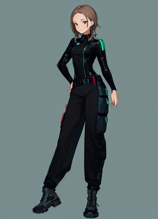 a drawing of a woman in a black outfit and boots, full body with costume, cypherpunk fashion illustration, female lead character, aeon flux style, full body character, an edgy  assassin, new costume concept design, outfit design, character posing for conce...