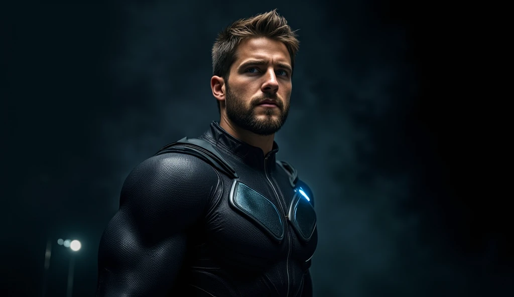 A handsome, 30-year-old European man with short brown hair and a beard, wearing a science superhero costume, in a side view shot, dramatic black lighting