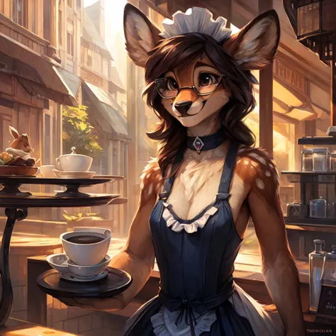 uploaded on e621, artstation, by Pixelsketcher, by Bayard Wu, by Thomas Benjamin Kennington , by Einshelm, by hioshiru and kenket, Chunie, portrait, solo anthro female deer doe, with small featureless breasts, clear dark blue, cinematic lighting, day, sunn...