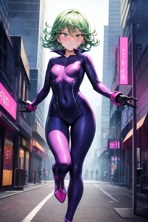 Masterpiece, best quality, ultra detailed, illustration, lighting epic, cinematic composition, 1 girl, Tatsumaki, short hair, green hair, very small breasts, green eyes, bright eyes, blushing, closed mouth, piercing gaze, full body, black collar, tall, sli...