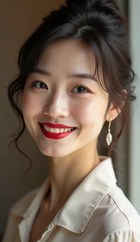  beautiful 30 year old japanese mature woman ,  wearing a dress and red lipstick  ,  Double Eyelids and Long Lashes ,  Her full face is visible 、 enhances a radiant smile with shining lights while looking straight ahead {x}.   The image is rendered in 8K r...