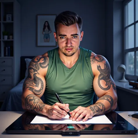  Illustration of a strong man sitting in a modern room ,  working on a digitizer table .  The scene is illuminated by the soft artificial light of a monitor screen ,  creating a contrasting glow effect on his face and highlighting the tattoos .  The man is...