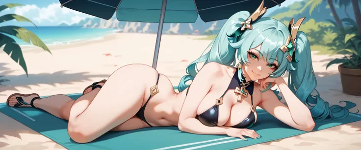 ultra-detailed, 1girl, Faruzan, Farzan, genshin impact, ((masterpiece)), (best quality), (highres), green eyes, 16K, straight bangs, aqua hair, twin tails, hair between the eyes, hair accessories, long hair, wearing black bikini, sandals, busty body, large...