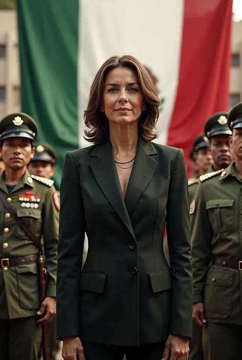 5 images of Claudia Sheibaum president of Mexico and with Mexican army and Mexican flag 