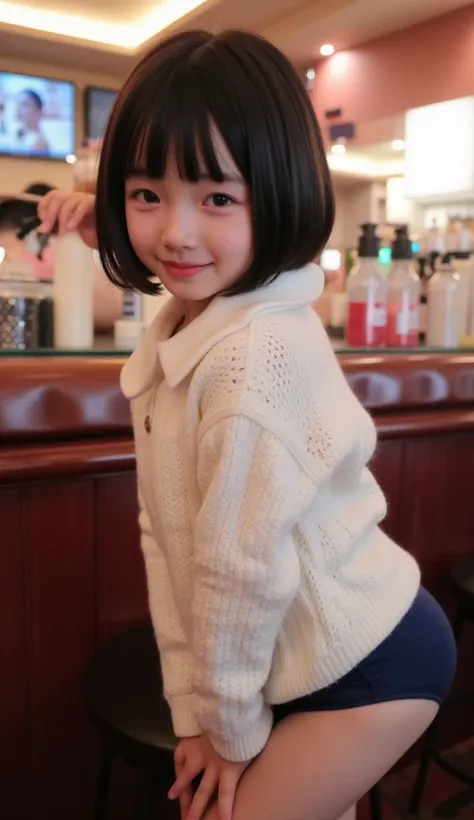 ((4-years-old:1.2)),((Japanese little-girl)),((4-years-old:1.2)),((Japanese little-girl)),(extra short hair cut), (from below), back,(navy blue thong panties) ,(white sweater), white collar,blush, cameltoe, closed mouth,(close up),bend over, from behind, l...