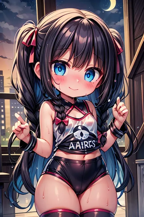 Very blushed, embarrassed,  closed mouth,  room, heart shape with fingers, happy, smiling, thick thighs, black hair, glowing eyes,(loli:1.6), glowing eyes, blue eyes, window, sweating, long hair, high quality, masterpiece, red bows, braids, wet, wet clothe...