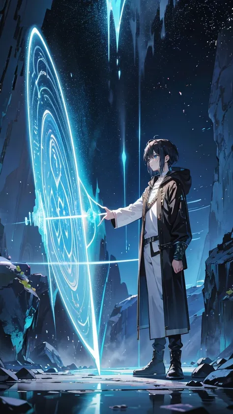 “stand before a massive, glowing dimensional portal at the heart of the labyrinth. The portal shimmers with swirling energy, casting vibrant reflections on the stone floor. Lius holds out his hand, preparing to activate the ancient runes etched into the fr...