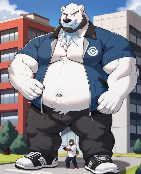 Scribble Beartic face,furry(Beartic),Chubby, big large thick belly, muscular, big strong muscle,( black eyebrows :1.1),(perfect eyes), fur，alone,（artist:takemoto arashi),（jock:1.3）， standing, Sneakers，pants,（ Black beard :1.3），（Civil :1.3, College jacket, ...