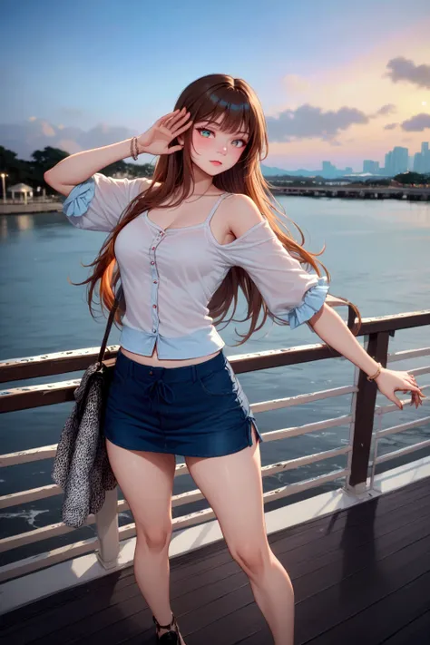 pretty woman, standing posed, near bridge railing, over sea, evening sky, BREAK, (brown hair, long wavy hair), BREAK, ( (), (white short sleeves boat neck blouse, white top straps, dark-denim mini skirt, BREAK, (1girl, solo, full body), (best quality,4k,8k...