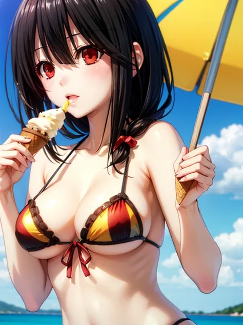 Kurumi, Yellow and red eyes, showing chest, Park,  body masterpiece,  High resolution ,  beach,  Bikini Eating ice cream, Ice cream on the chest , Licked .