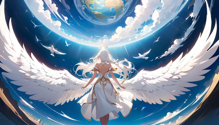 ((( A bird's-eye view of a beautiful female angel with long white hair and white goddess clothes:1.5))), ((( big, beautiful angel wings grow from her shoulders :1.5))),(arms spread wide), (((She floats in the sky and looks down at the world below :1.5)))、 ...