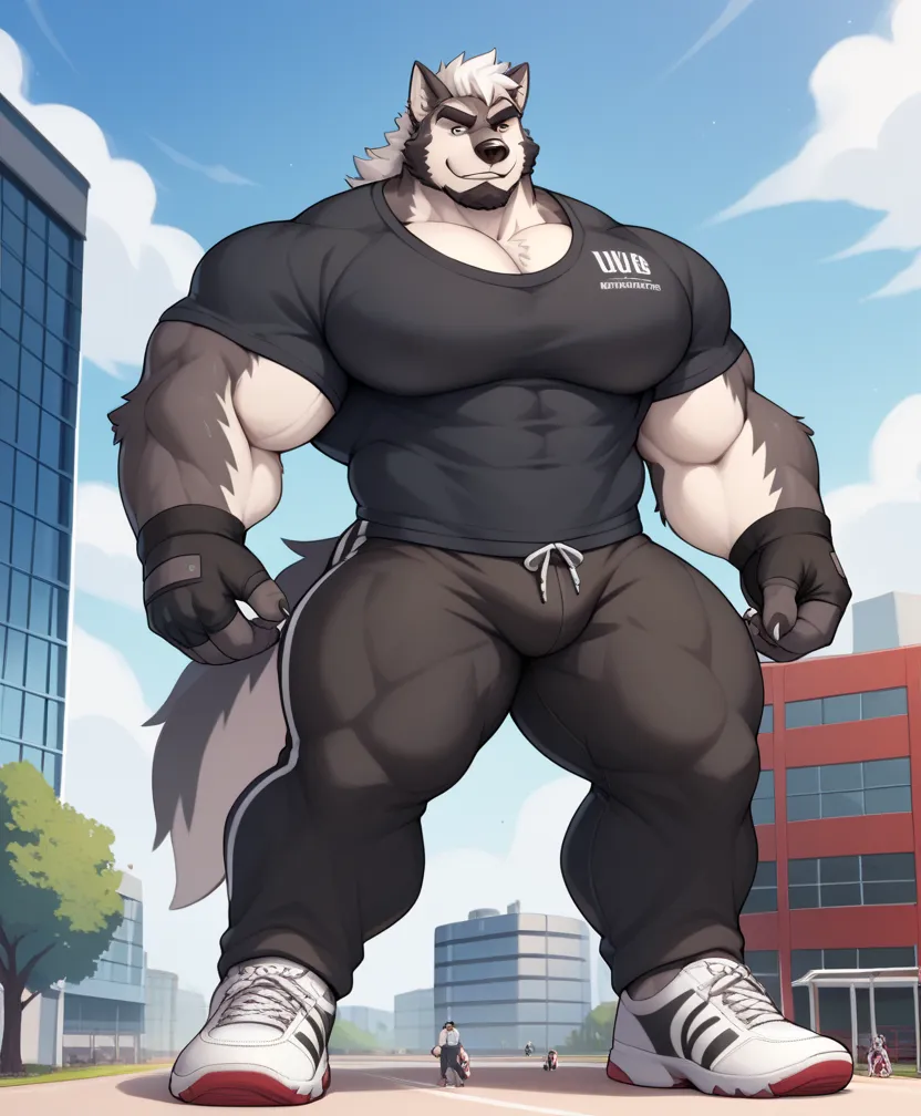 Scribble Wolf face,furry(Wolf), big large hyper muscular, big large thick strong hyper muscle,( black eyebrows :1.1),(perfect eyes), dark gray fur，White hair，alone,（artist:takemoto arashi),（jock:1.3）, gentle look， standing, Sneakers，（ Black beard :1.3），（Ci...