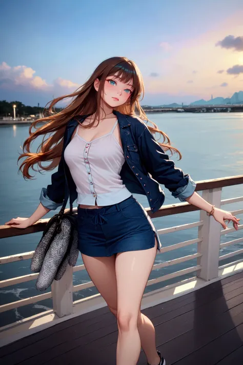 pretty woman, standing posed, near bridge railing, over sea, evening sky, BREAK, (brown hair, long wavy hair), BREAK, ( (dark-blue denim long sleeves jacket), (undershirt: white short sleeves boat neck blouse, white top straps), dark-denim mini skirt, BREA...