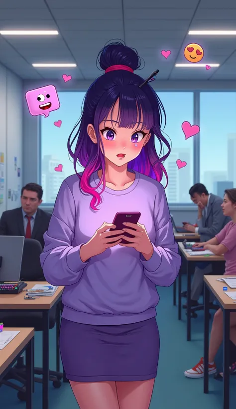 An office worker addicted to memes and social media, always laughing to herself while looking at her phone. Amanda “Mandy” Cho is a young woman with long, colorful hair (with purple and pink highlights) pulled back in a messy bun with a pen stuck through i...