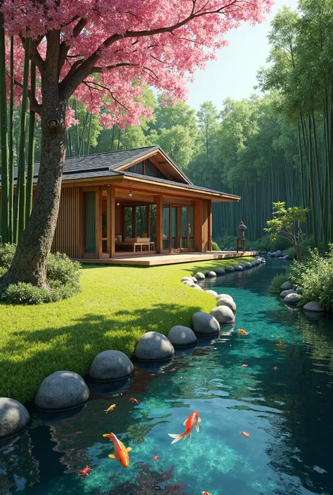 A hyper realistic close-up of a traditional wooden house with a modern twist, set in a serene setting amidst a dense Japanese bamboo grove with a beautiful crystal blue stream running alongside. The water is so clear that you can see the bottom of the rive...