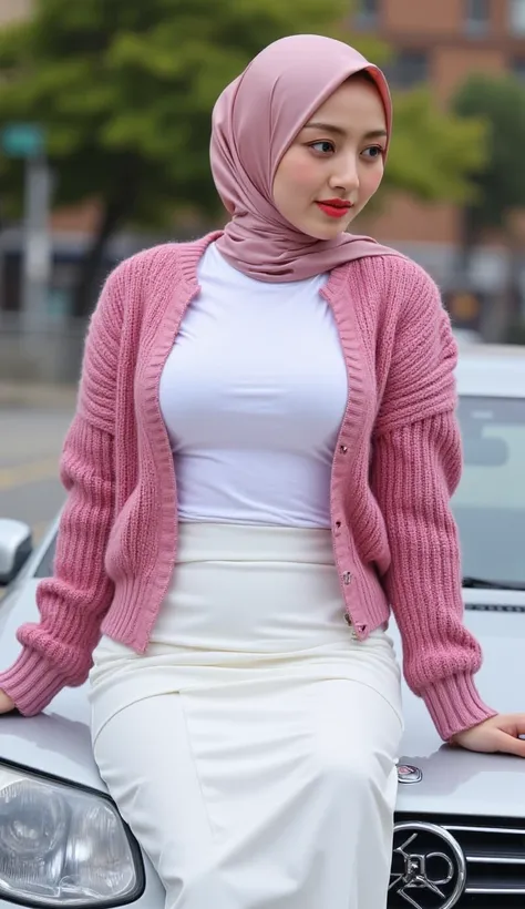  A woman,  sitting on top of the car, using a pink knitted jacket with a white T-shirt,  using a long skirt to the toe of a fishtail model in white,  using a satin hijab to cover the hair and neck in pink,  red lips,  big boobs