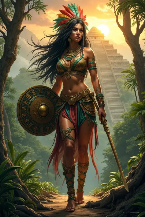 **"A powerful and graceful Mayan warrior woman standing confidently in a lush rainforest at dawn, surrounded by the sounds and sights of nature. She is adorned with an intricate feathered headdress in shades of emerald green, gold, and vibrant red, flowing...