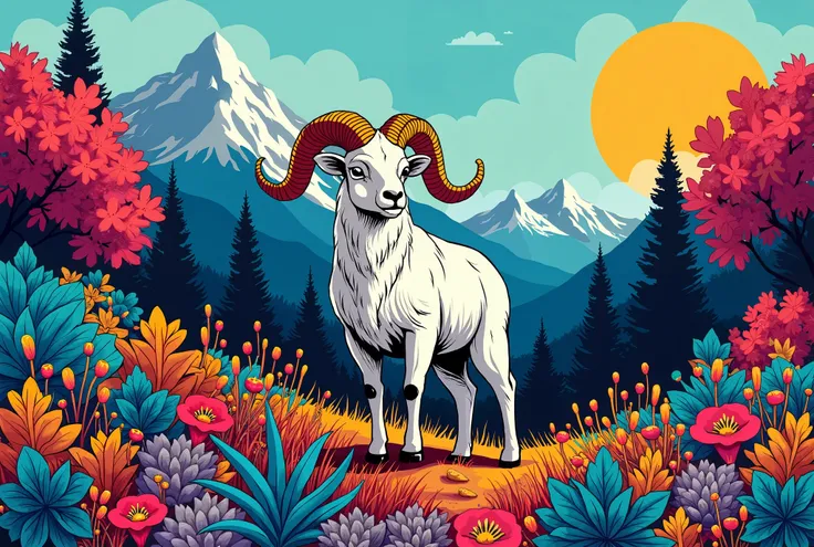  A ram in a colorful landscape with various shades of colors, surrounded by flowers, plants, trees and mountains 
With a simplified vector style with black lines
Urban art

