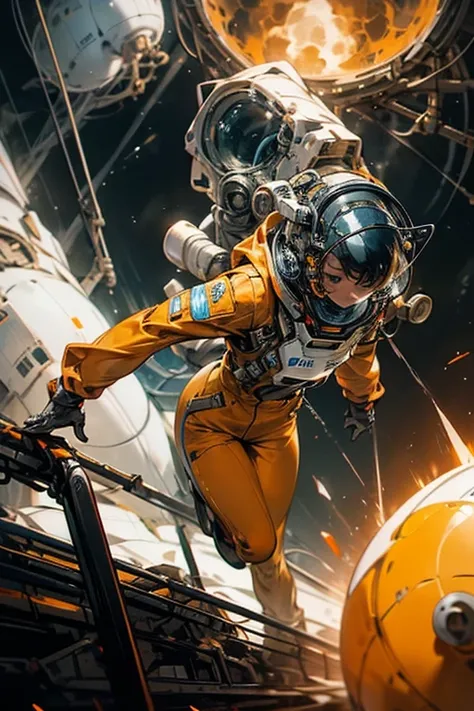  high resolution,  high face detail , An astronaut girl in an orange jumpsuit repairs a spaceship on an unknown planet,  dynamics, movement, Danger. 