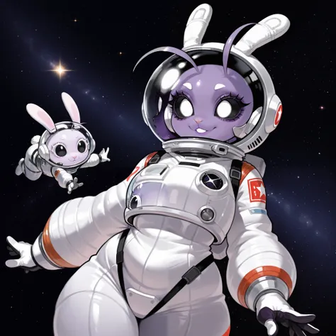 Alien, four eyes two white eyes two black eyes. Thick lashes. One Antenna, purple skin, curvy, spacesuit, space helmet, stars, cute, rabbit nose.